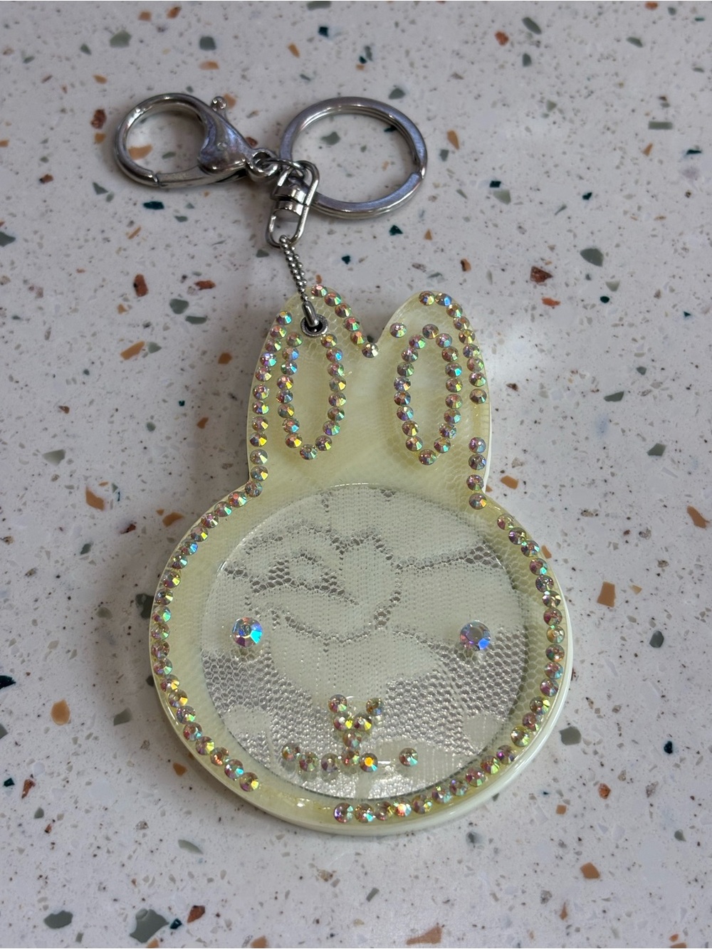 Bunny Mirror Keychain Charm with Iridescent Rhinestones - Lace Cream